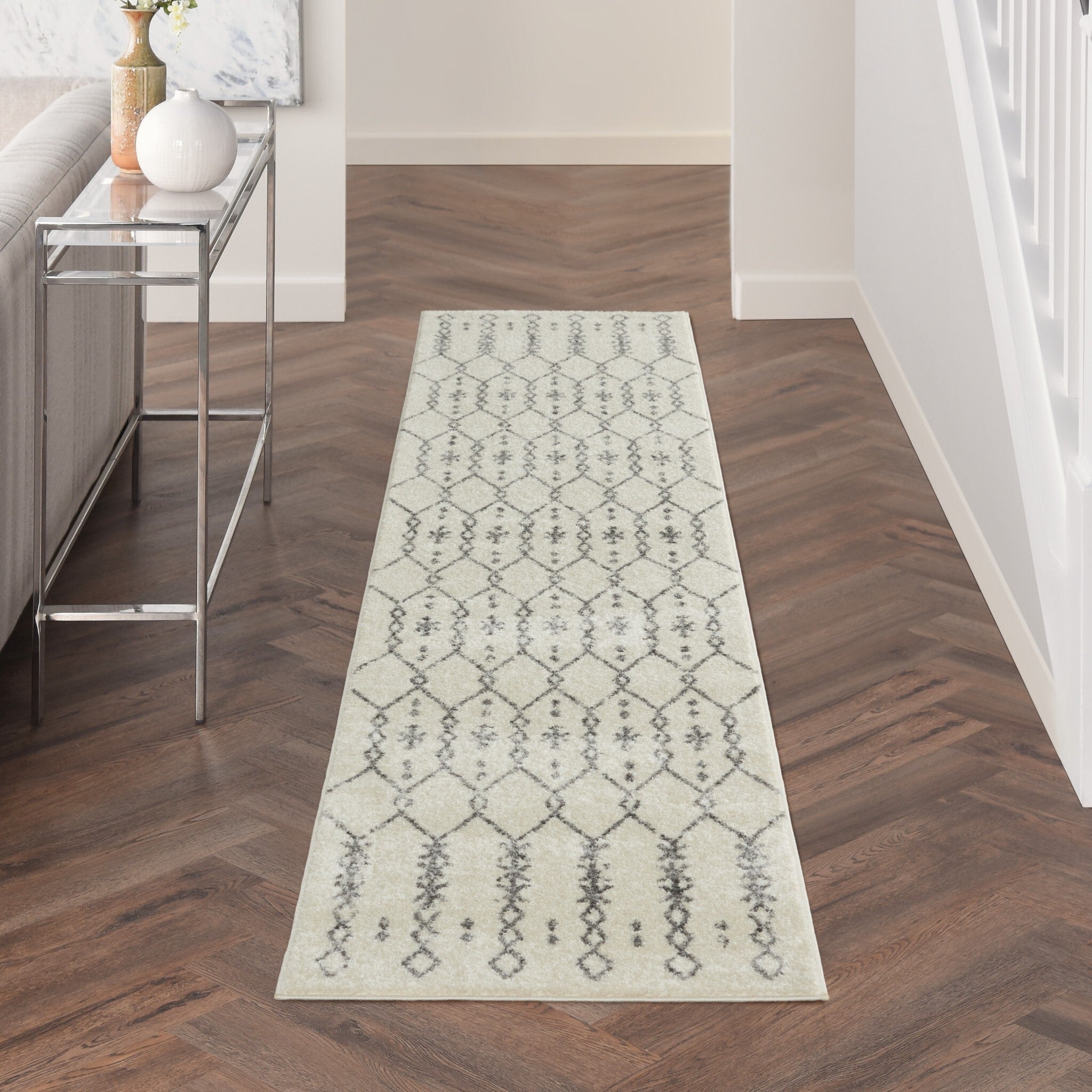 2' X 10' Ivory And Gray Geometric Runner Rug