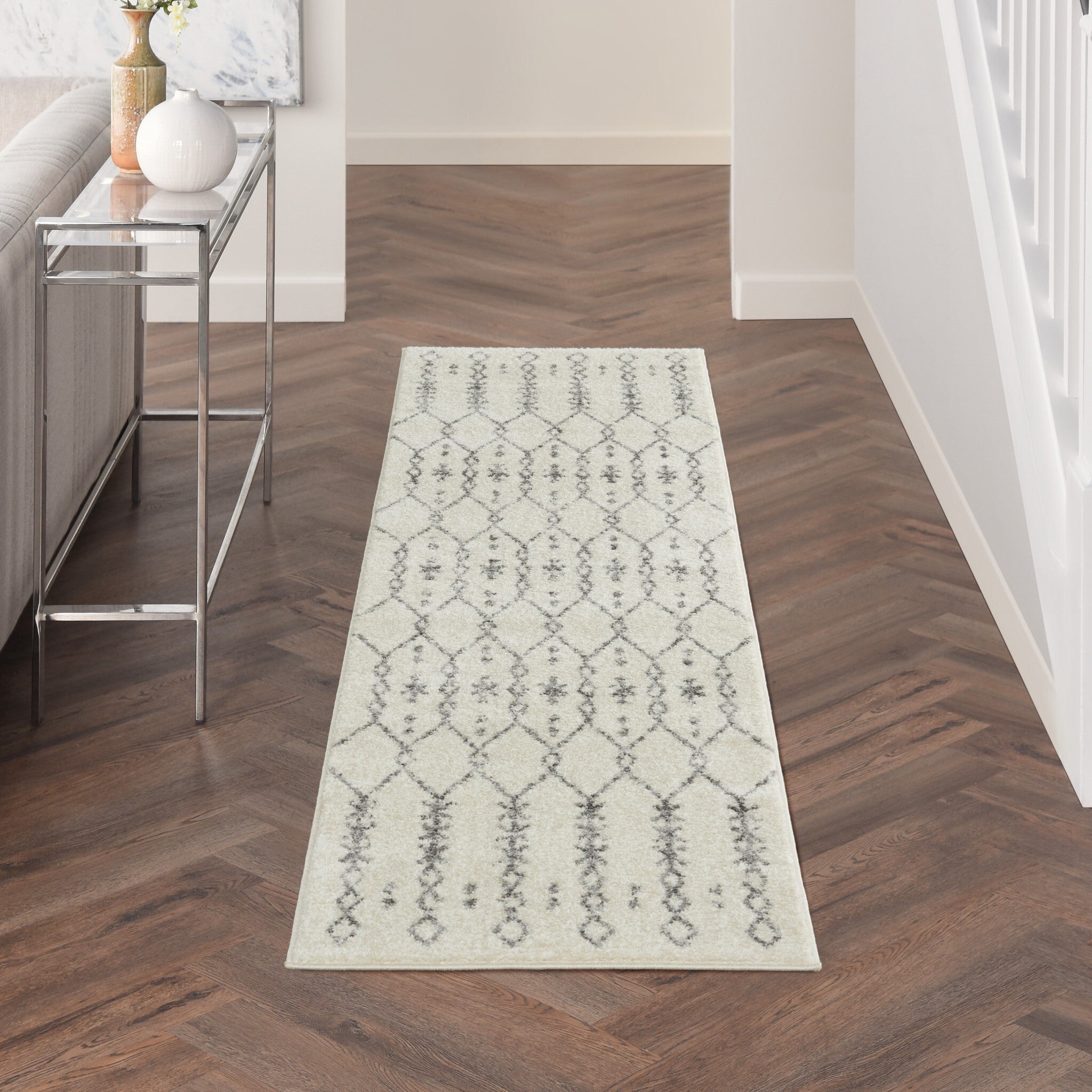 2' X 8' Ivory And Gray Geometric Runner Rug