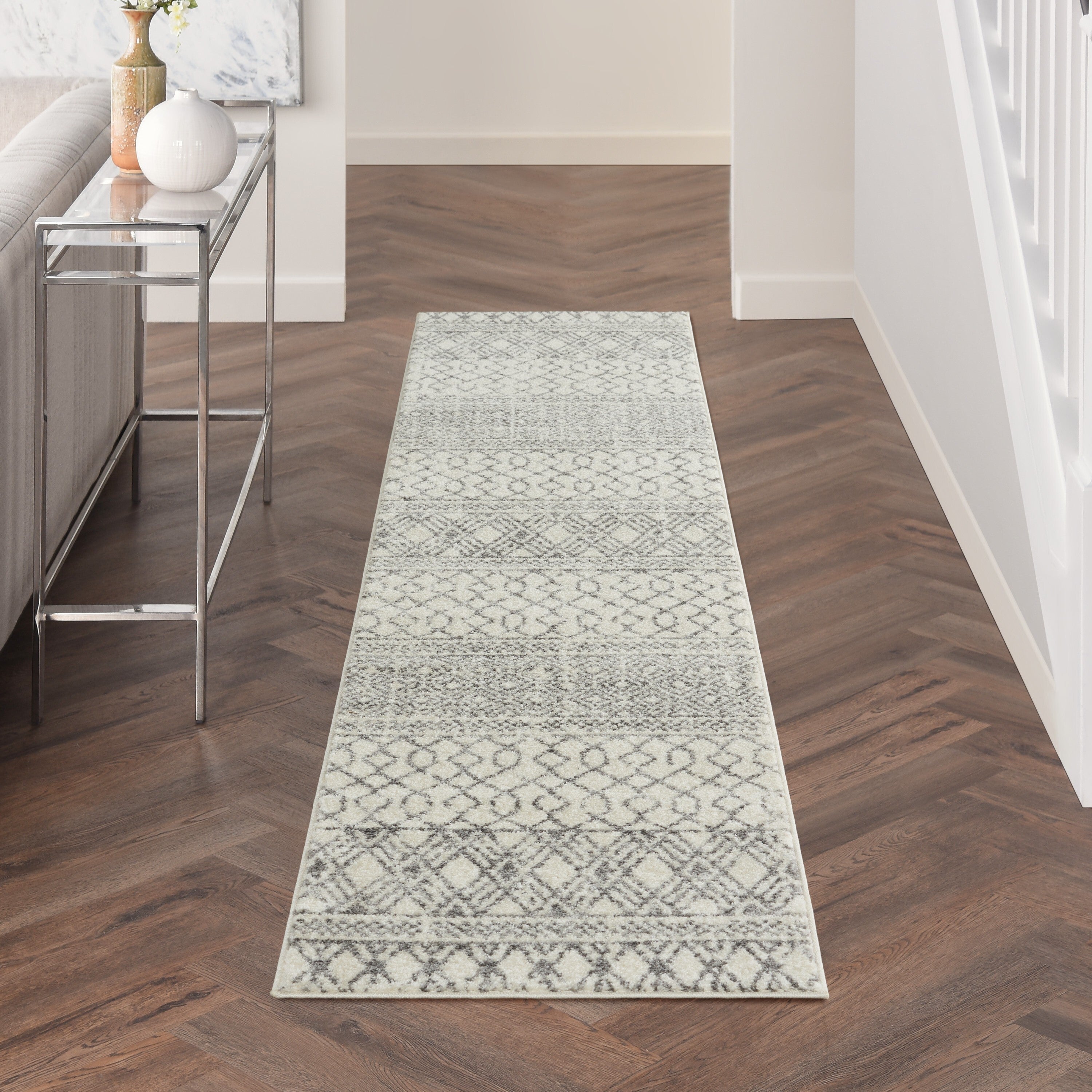 2' X 10' Ivory And Gray Geometric Runner Rug