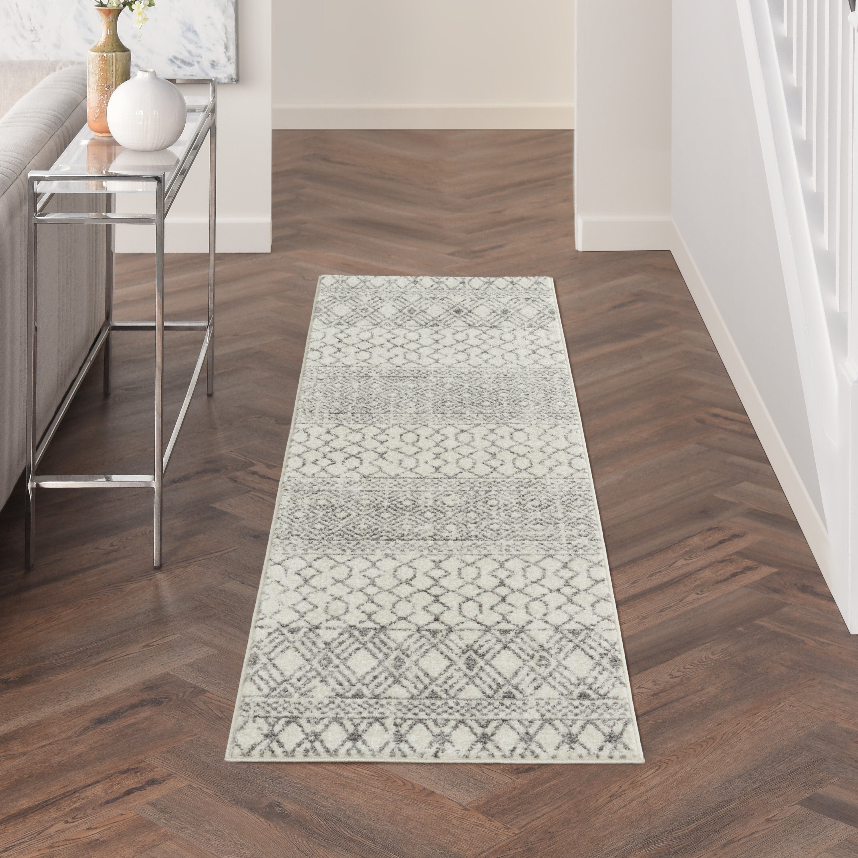 2' X 8' Ivory And Gray Geometric Runner Rug