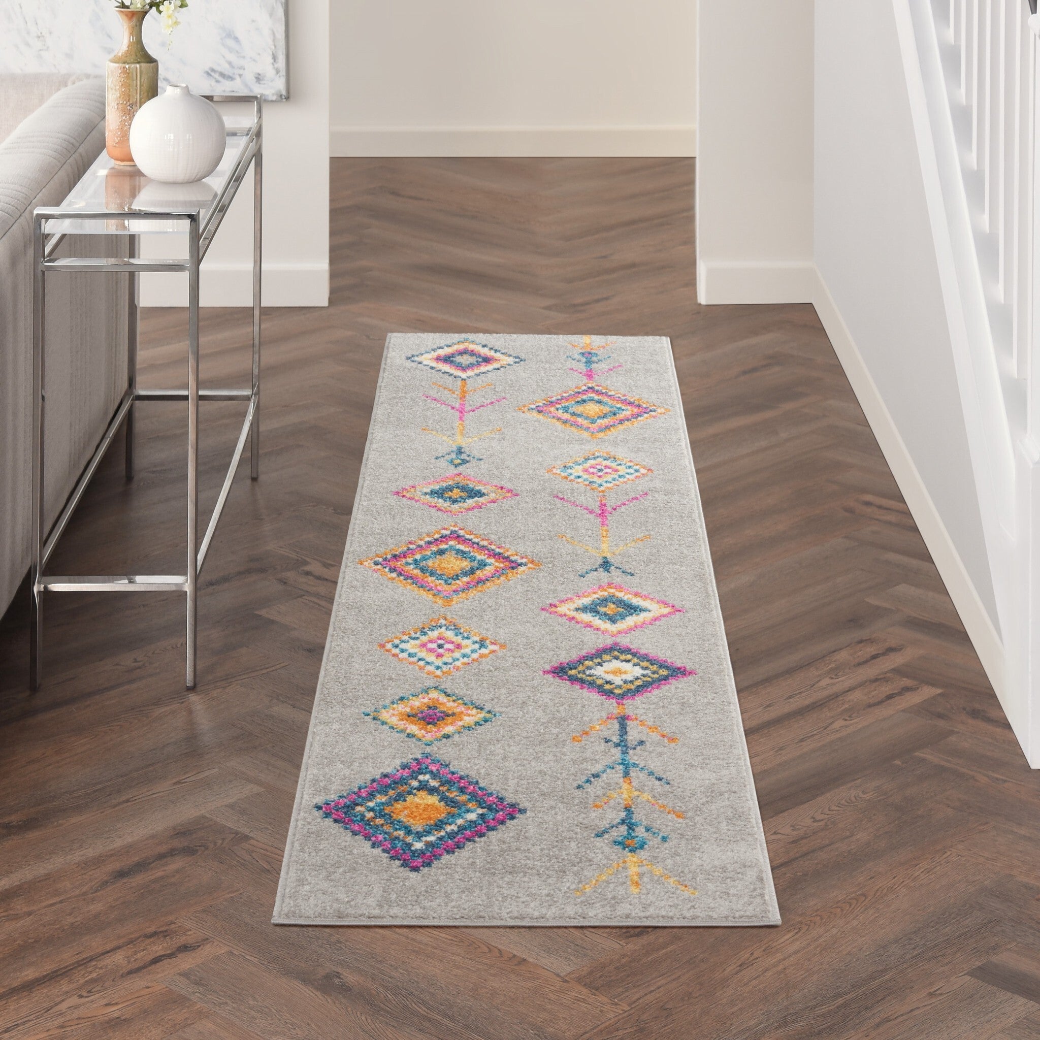 2' X 8' Gray And Multicolor Geometric Runner Rug