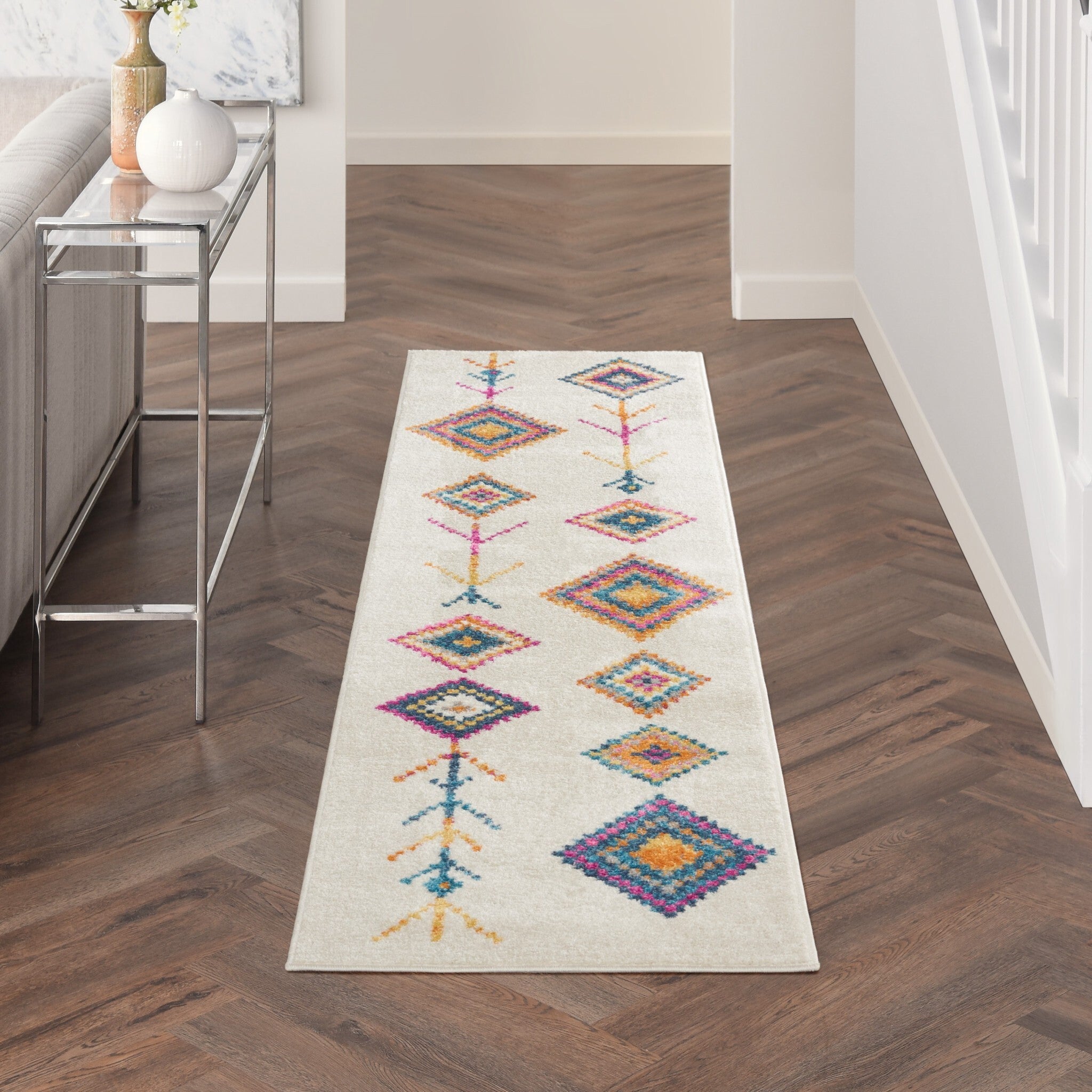 2' X 8' Ivory Boho Jewels Geometric Runner Rug