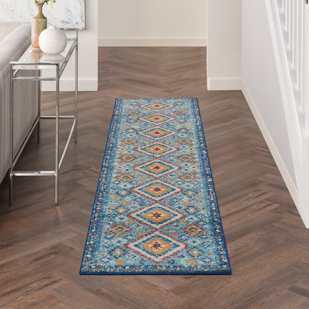 2' X 8' Blue And Multi Diamonds Runner Rug