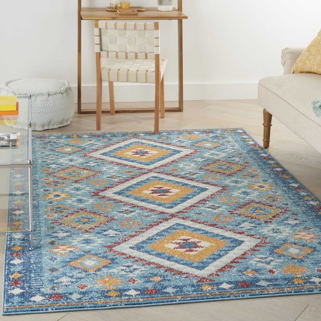 5' X 7' Blue And Multi Diamonds Area Rug