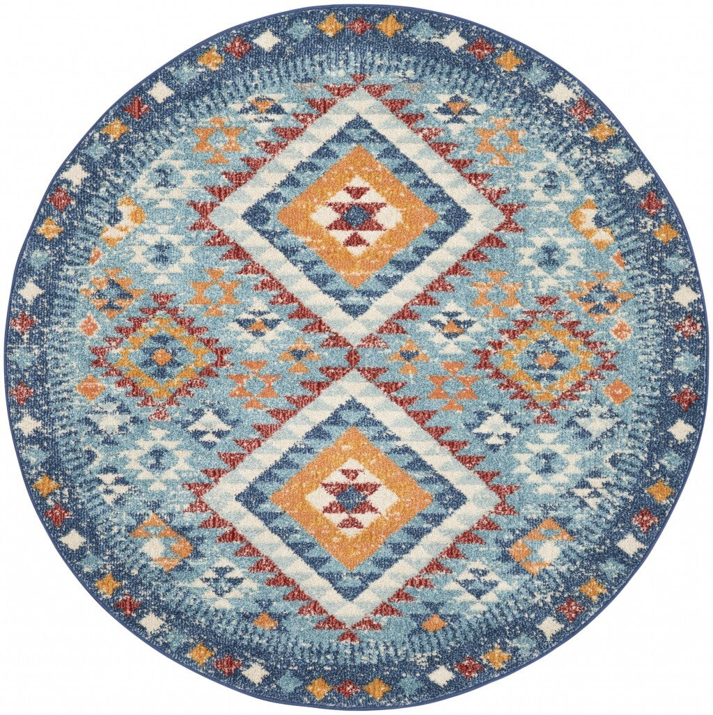 5' Round Blue And Multi Diamonds Area Rug