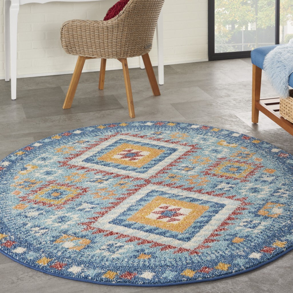 5' Round Blue And Multi Diamonds Area Rug
