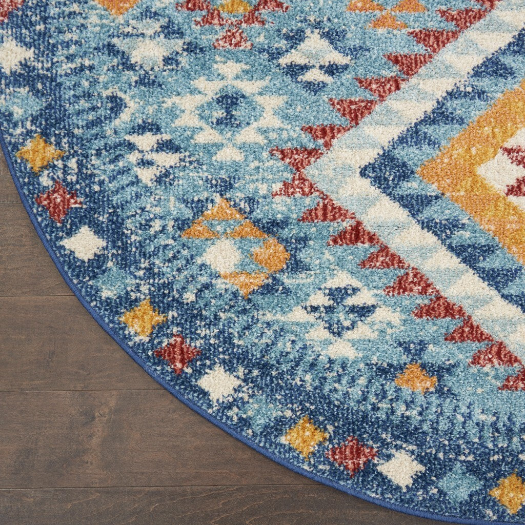 5' Round Blue And Multi Diamonds Area Rug