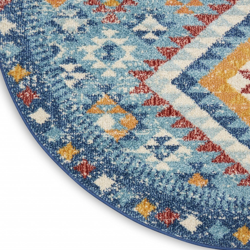 5' Round Blue And Multi Diamonds Area Rug