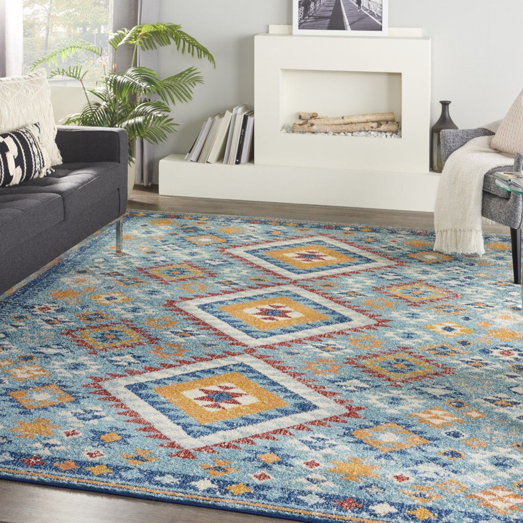 8' X 10' Blue And Multi Diamonds Area Rug