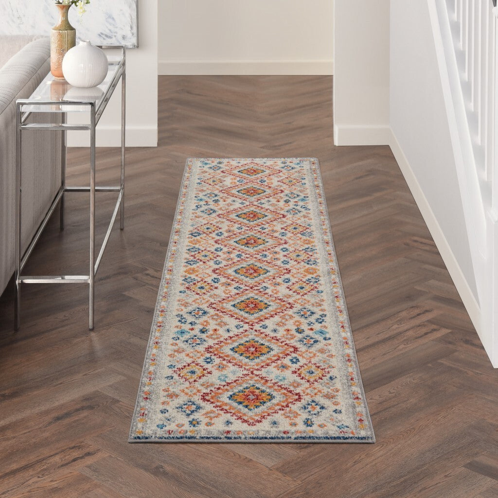 2' X 6' Ivory And Red Diamonds Runner Rug