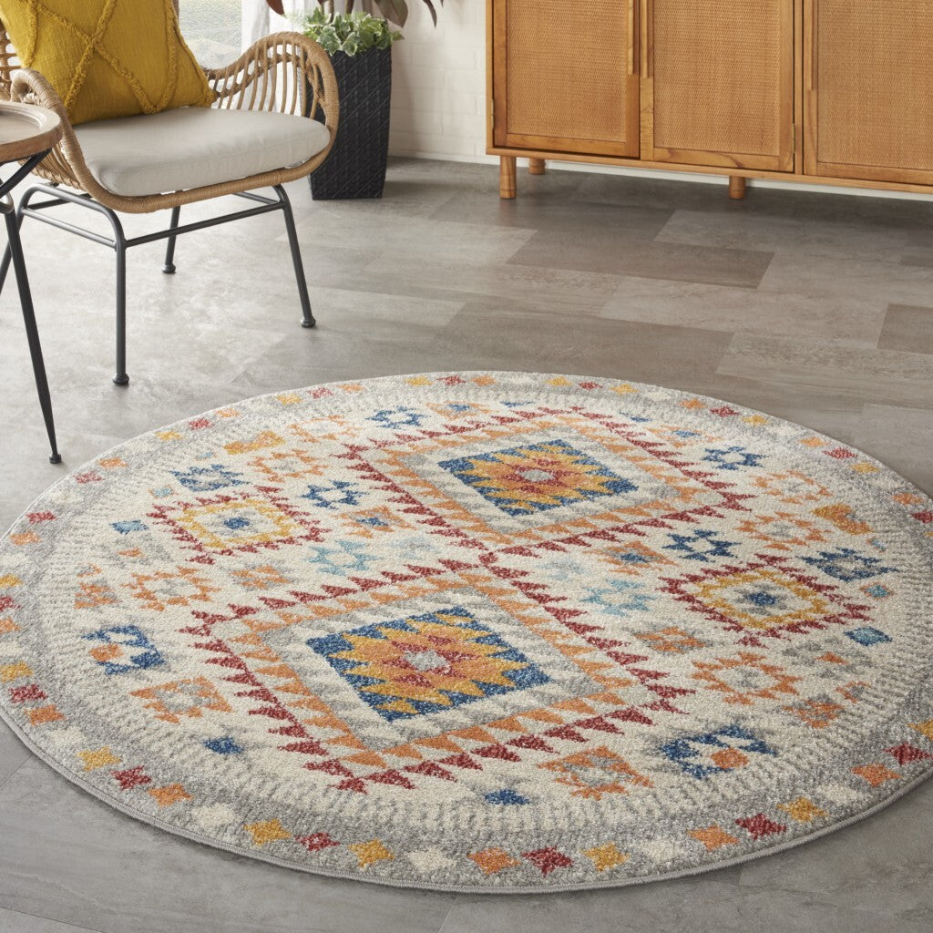 5' Round Ivory And Red Diamonds Area Rug
