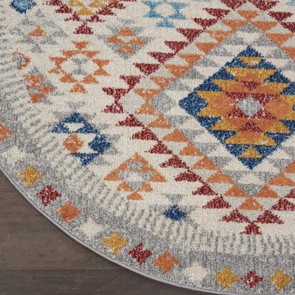 5' Round Ivory And Red Diamonds Area Rug