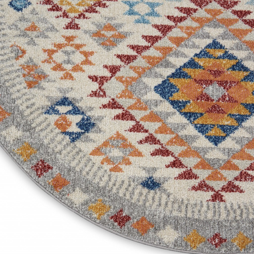 5' Round Ivory And Red Diamonds Area Rug