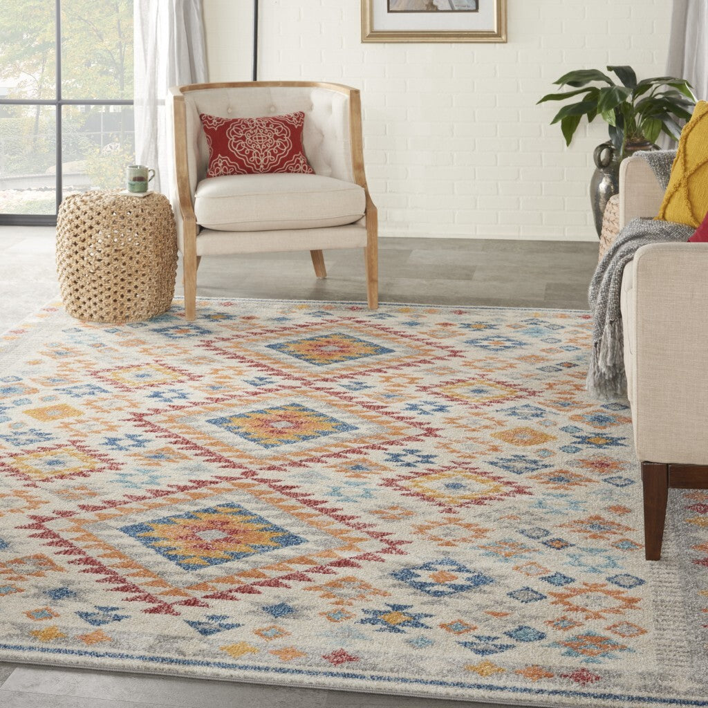 8' X 10' Ivory And Red Diamonds Area Rug
