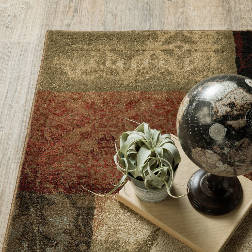 8' Round Beige And Brown Floral Block Pattern Area Rug