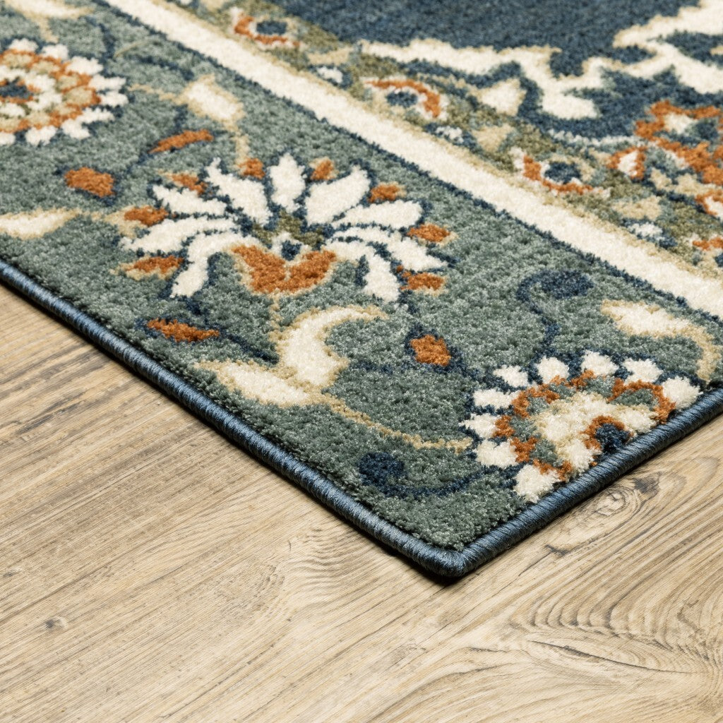 7' X 9' Blue And Beige Floral Medallion Indoor Area Rug
