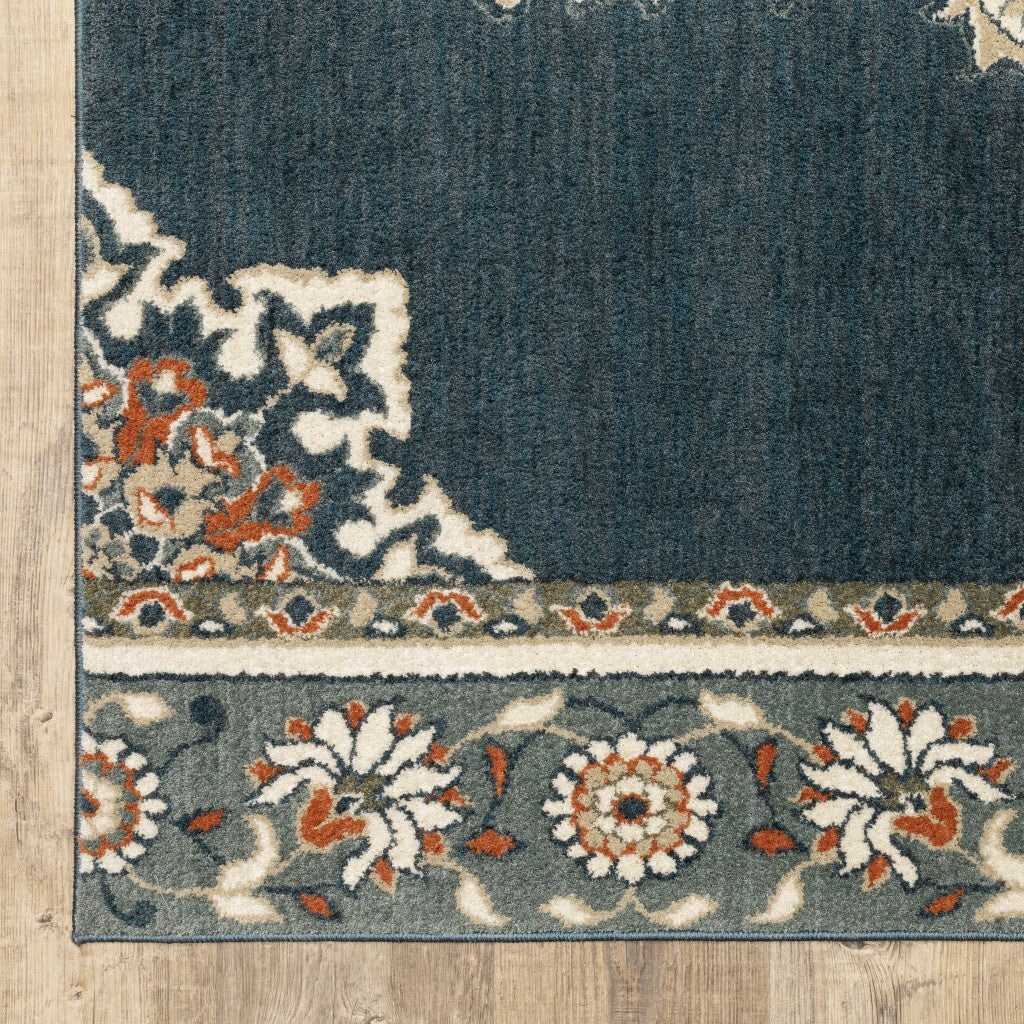 7' X 9' Blue And Beige Floral Medallion Indoor Area Rug
