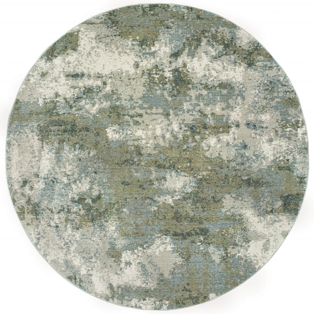 8' Round Blue And Sage Distressed Waves Indoor Area Rug