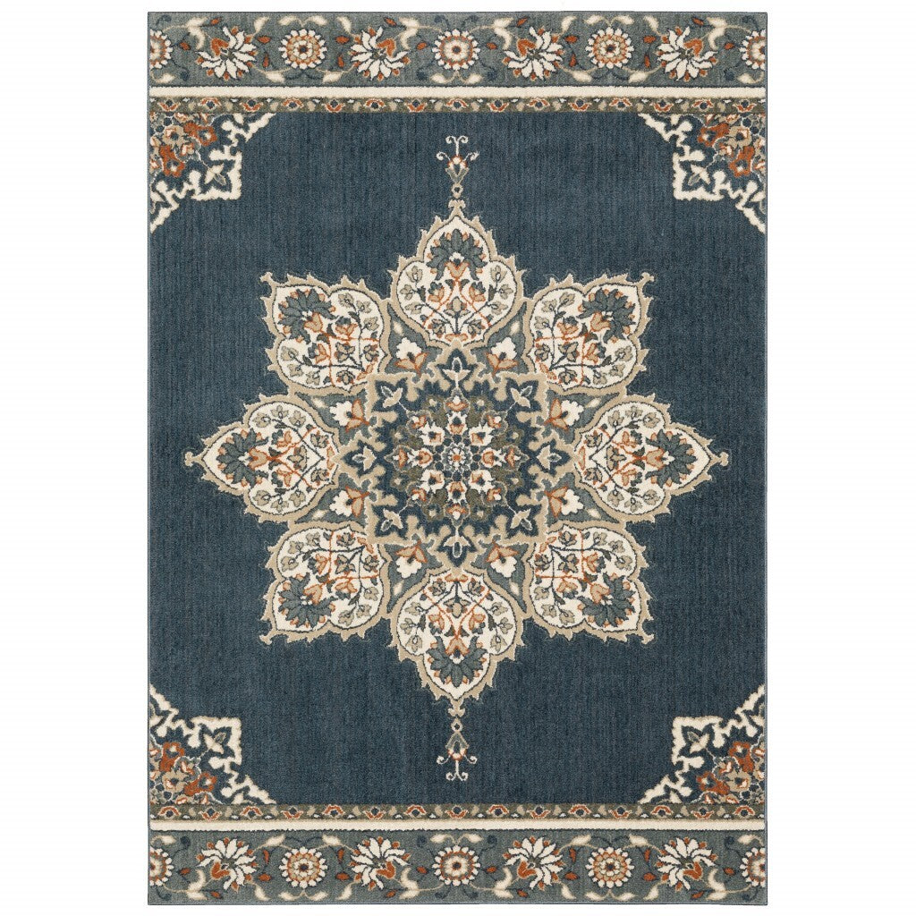 10' X 13' Blue And Beige Floral Medallion Indoor Area Rug