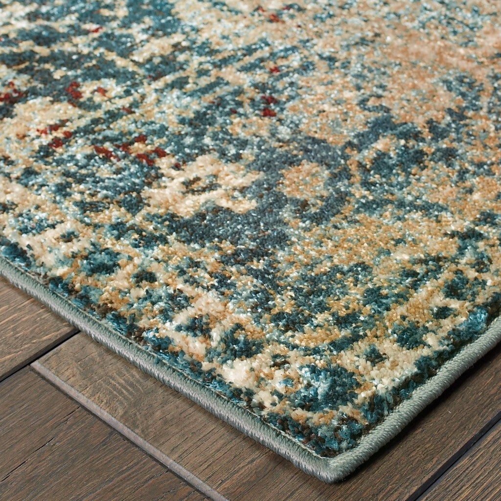 10' X 13' Sand And Blue Distressed Indoor Area Rug