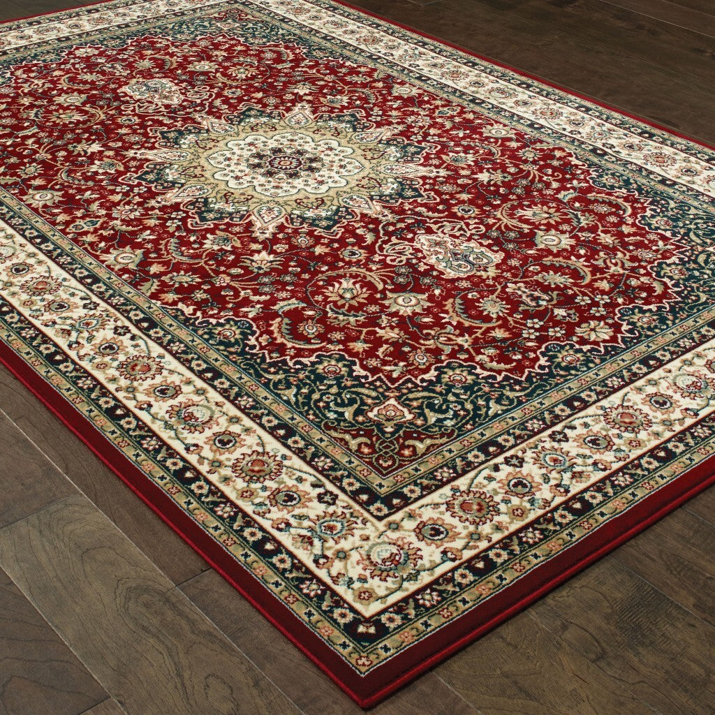 5' X 8' Red Ivory Machine Woven Oriental Indoor Area Rug