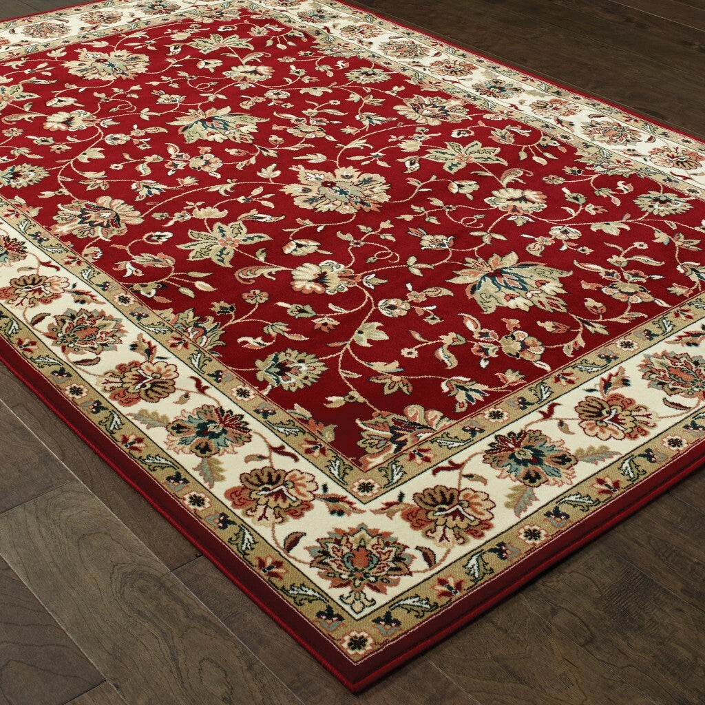 5' X 8' Red Ivory Machine Woven Floral Oriental Indoor Area Rug