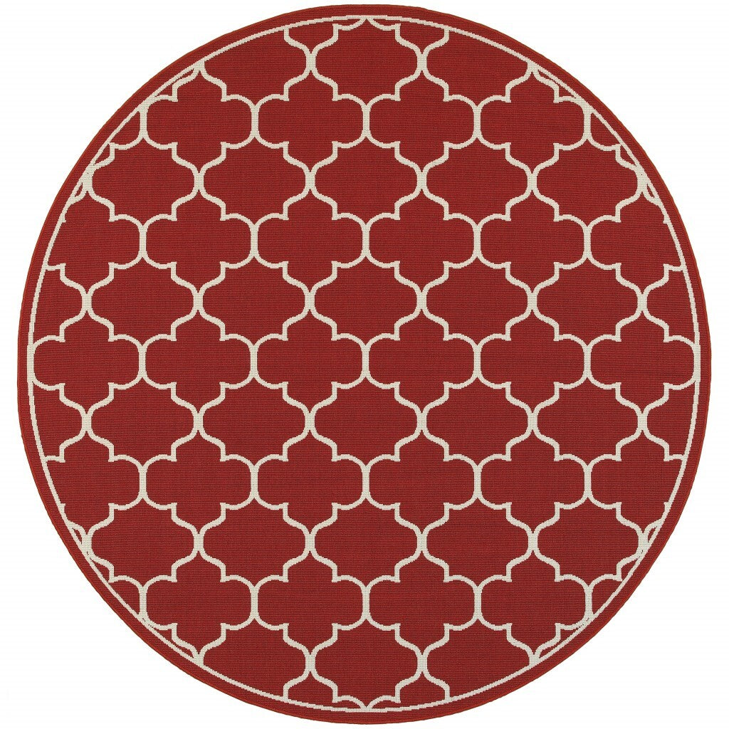 8' Round Red And Ivory Trellis Indoor Outdoor Area Rug