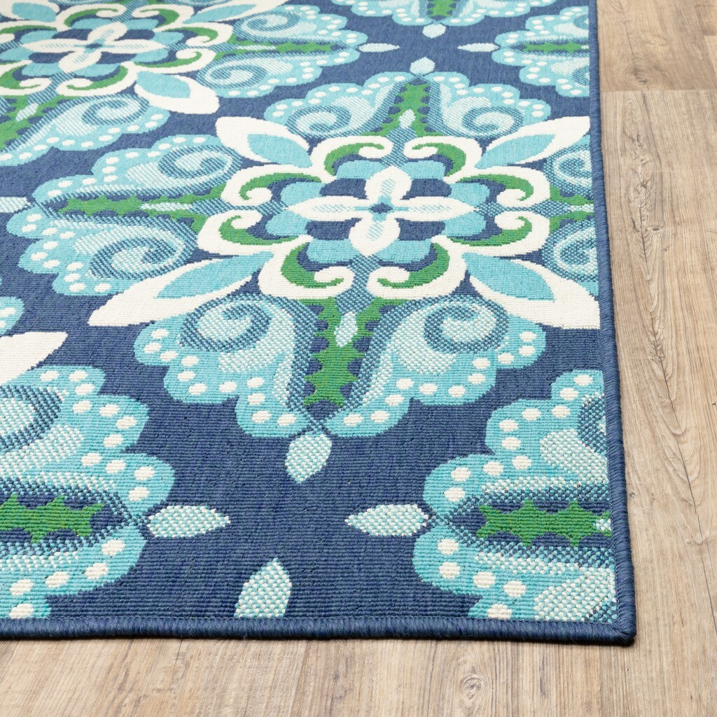 8'X11' Blue And Green Floral Indoor Outdoor Area Rug