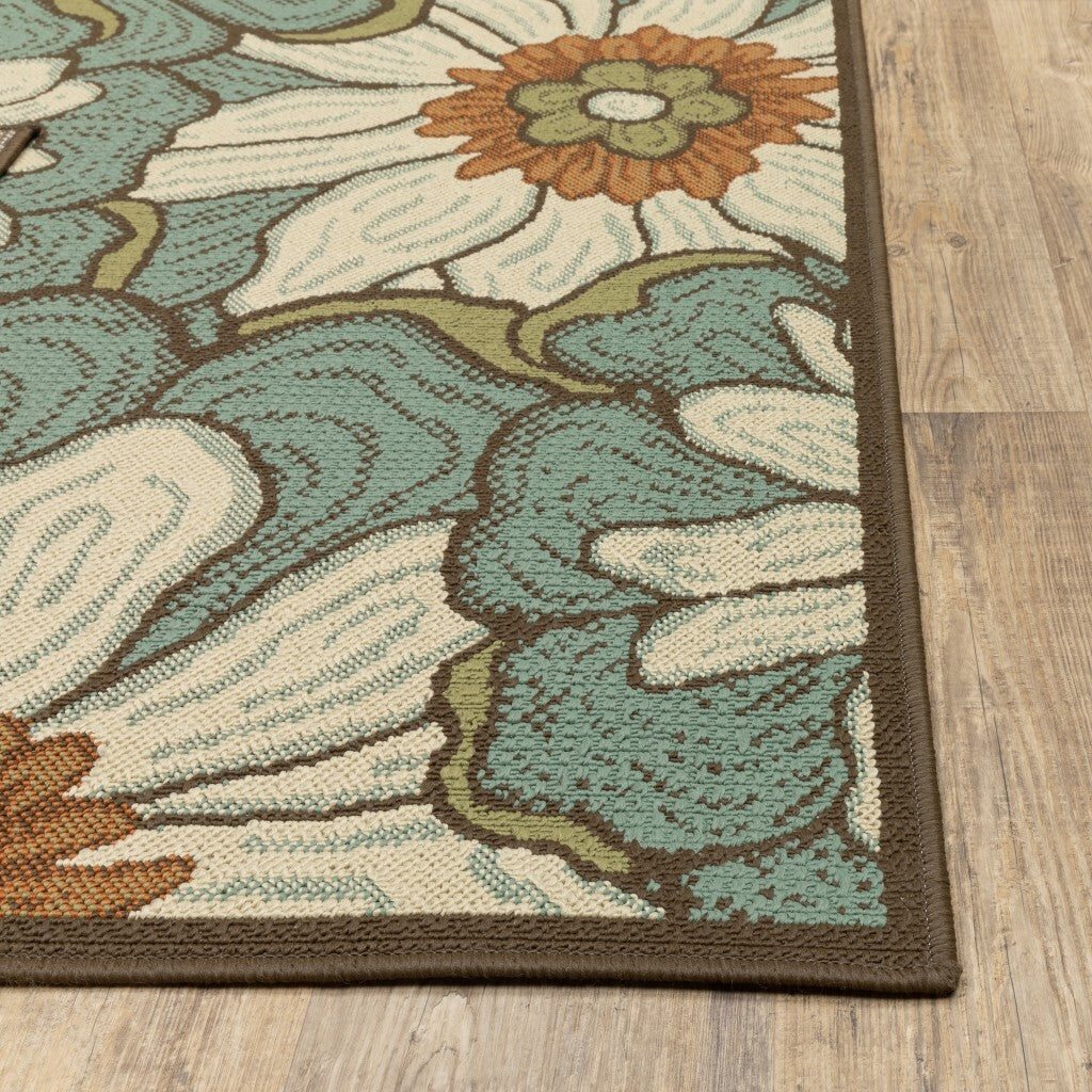 8'X11' Blue And Brown Floral Indoor Outdoor Area Rug