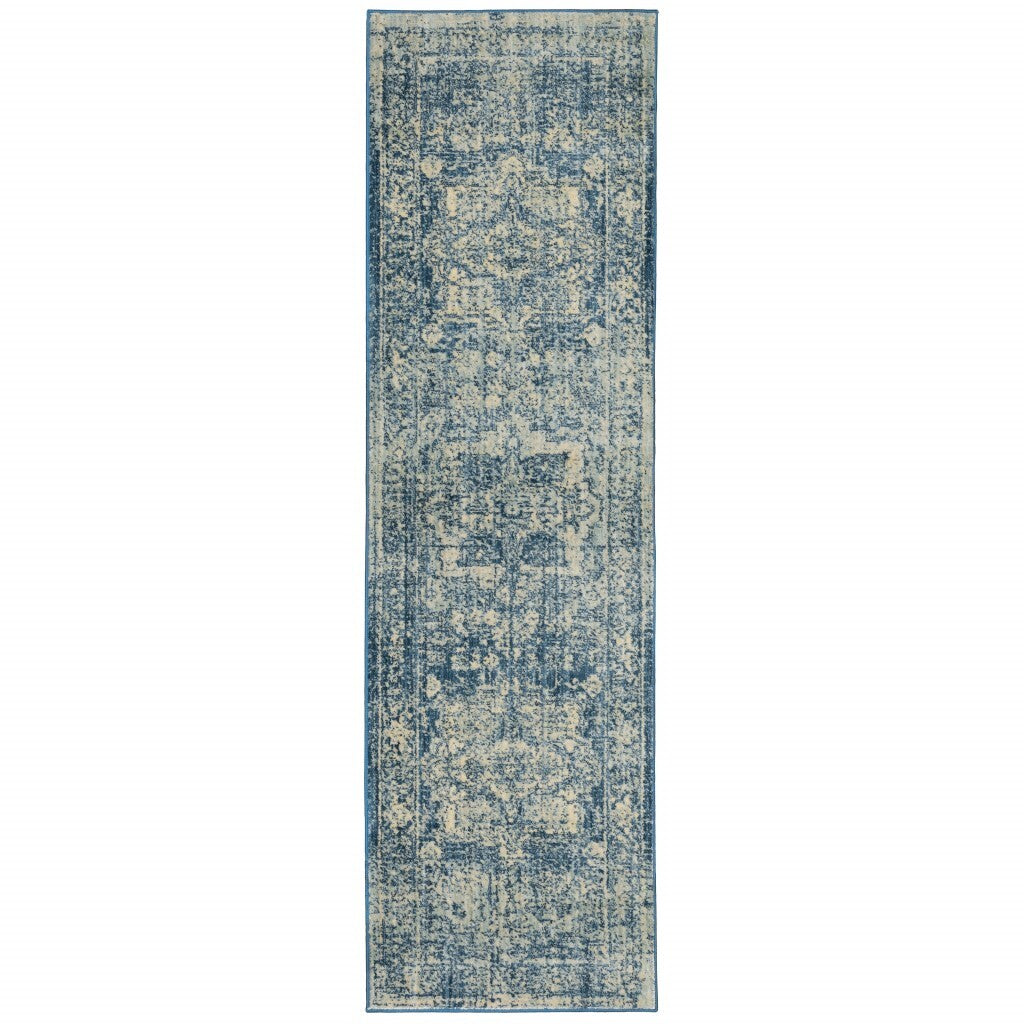 2'X8' Ivory And Blue Oriental Runner Rug