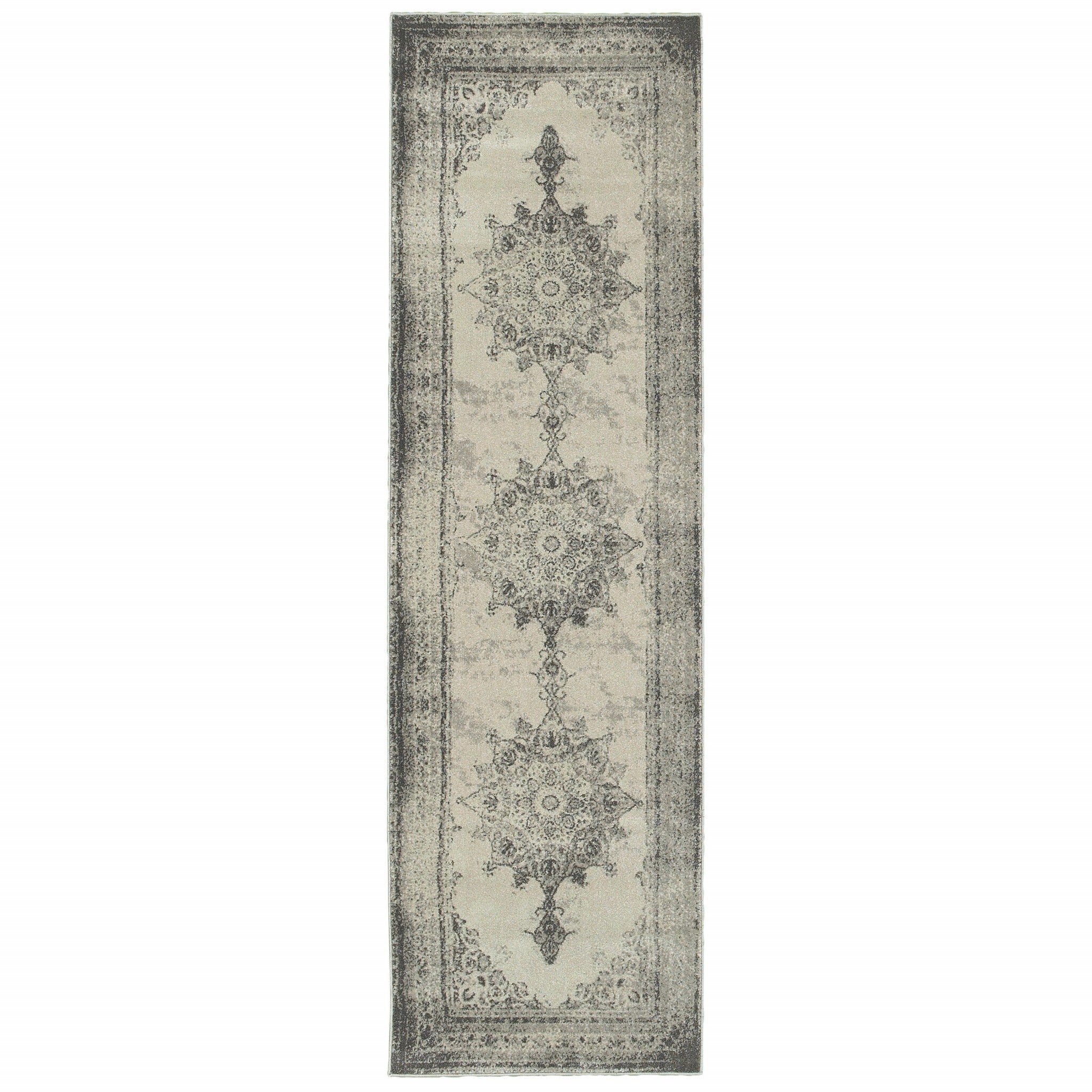 2'X8' Ivory And Gray Pale Medallion Runner Rug