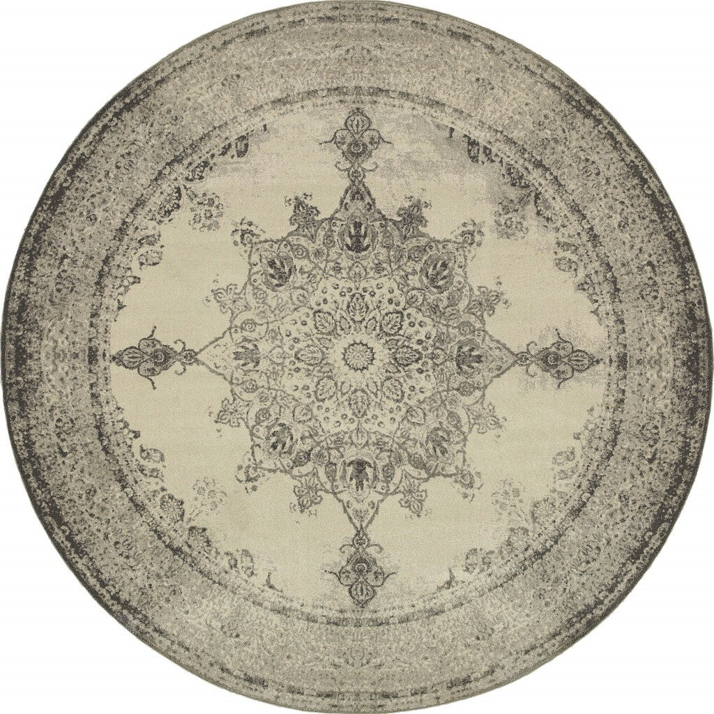 8' Round Ivory And Gray Pale Medallion Area Rug