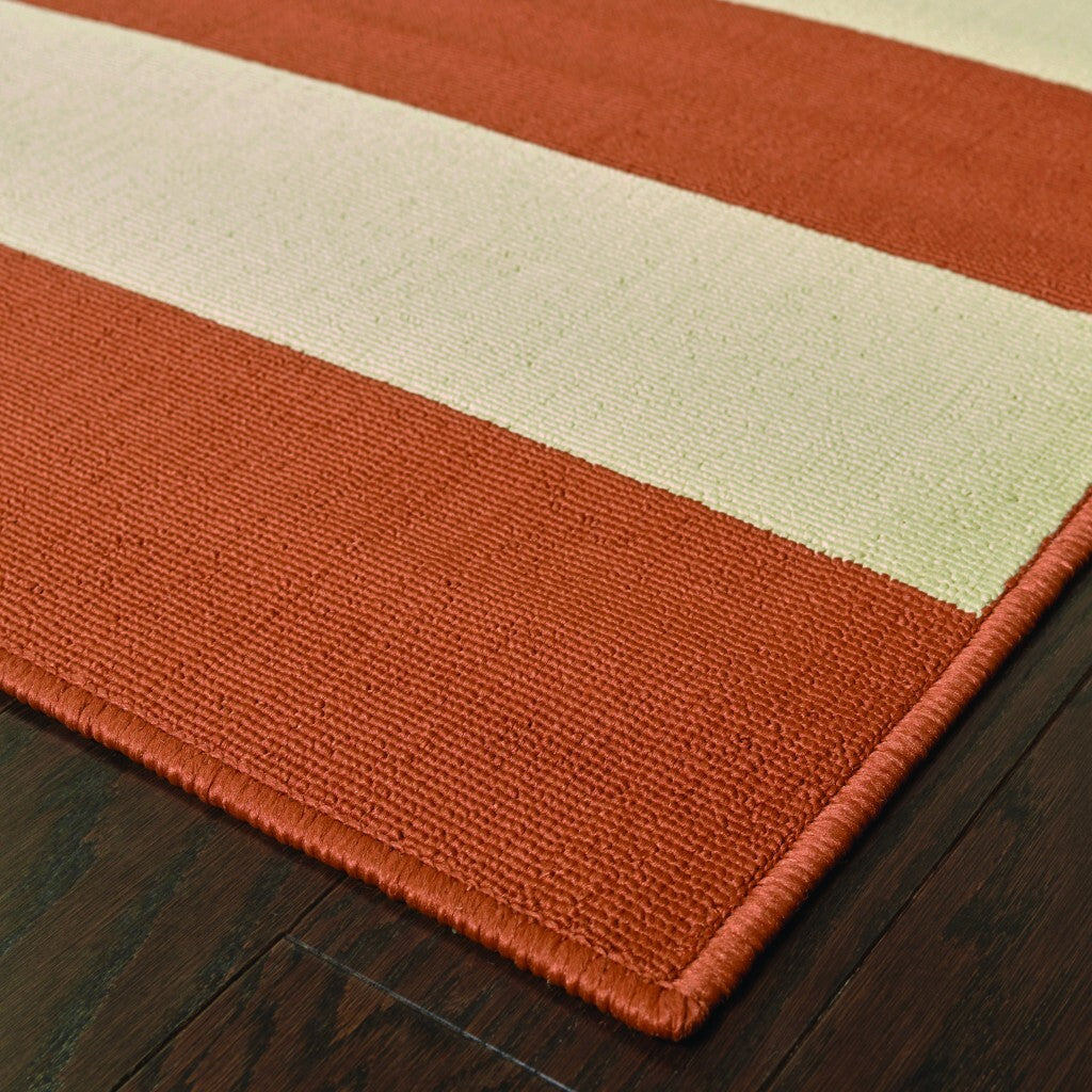 8'X11' Orange And Ivory Striped Indoor Outdoor Area Rug