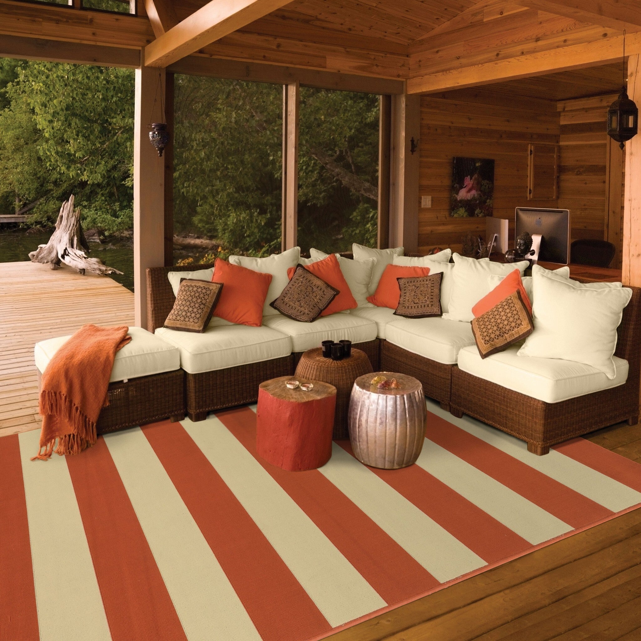 8'X11' Orange And Ivory Striped Indoor Outdoor Area Rug