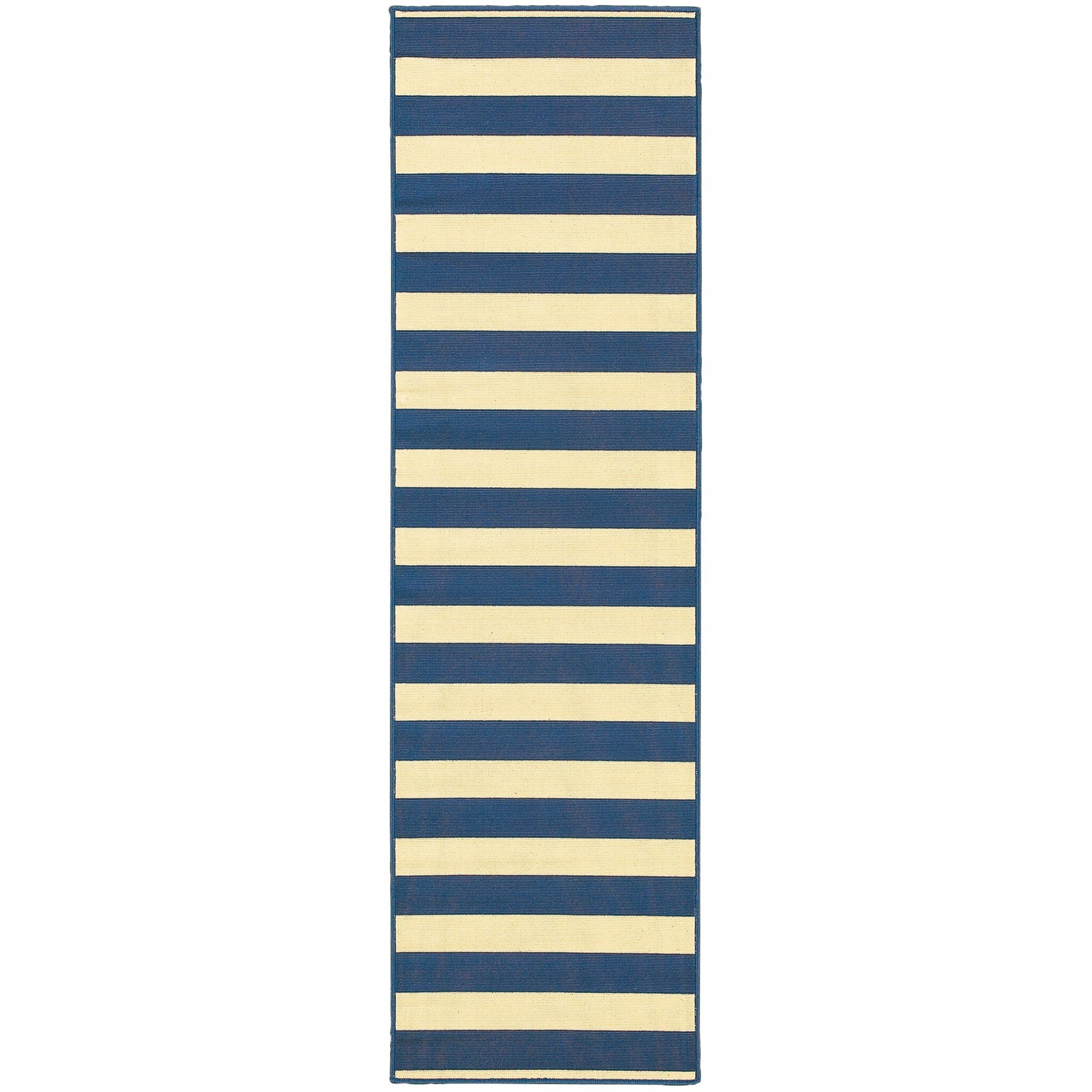 2'X8' Blue And Ivory Striped Indoor Outdoor Runner Rug