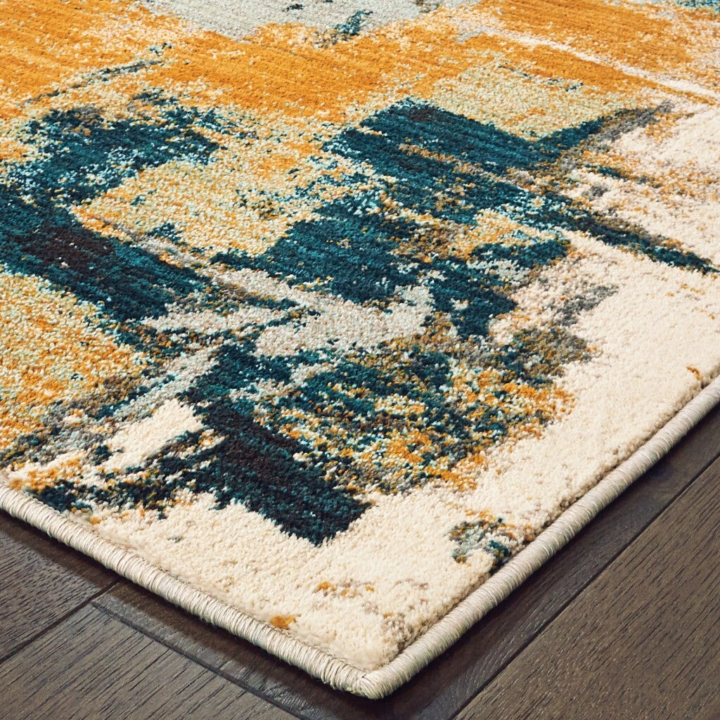 2'X3' Blue And Gold Abstract Strokes Scatter Rug