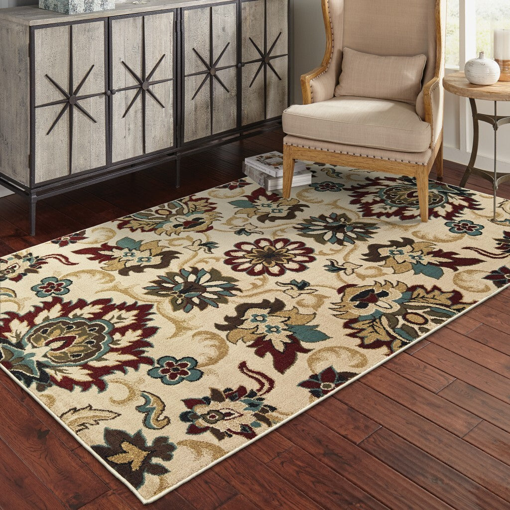 3'X5' Ivory And Red Floral Vines Area Rug