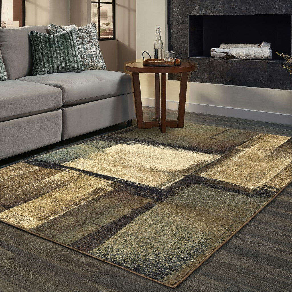 7'X9' Brown And Beige Distressed Blocks Area Rug