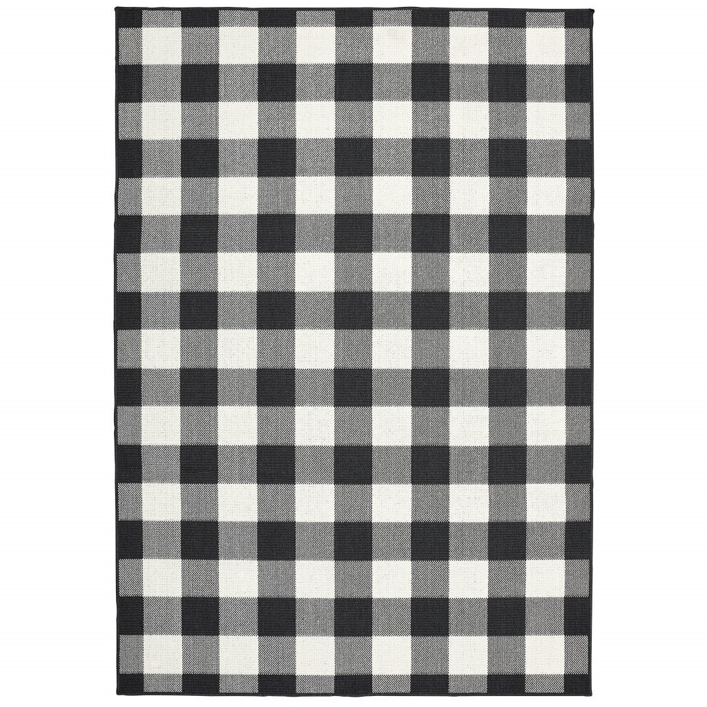 9'X13' Black And Ivory Gingham Indoor Outdoor Area Rug
