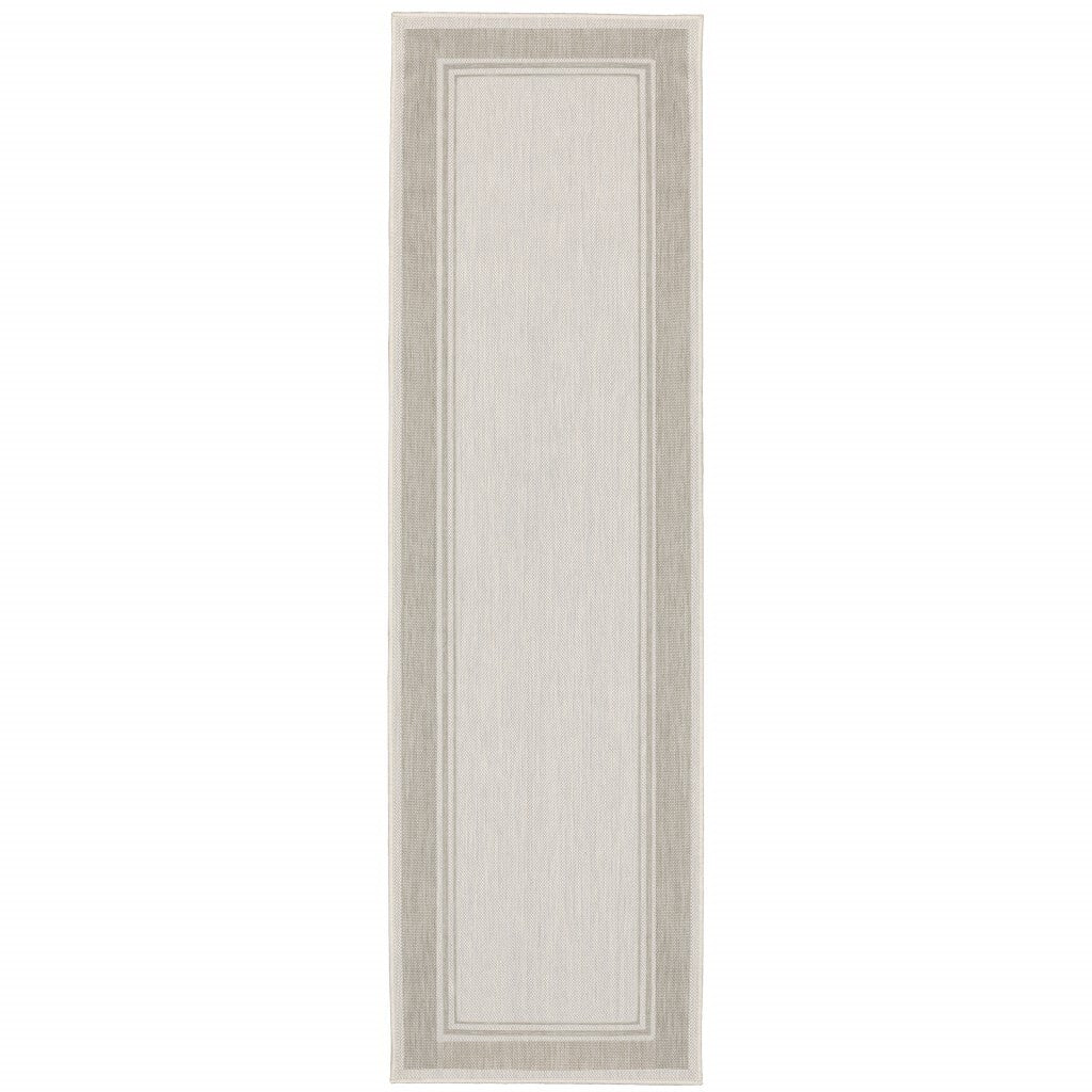 2'X7' Ivory And Gray Bordered Indoor Outdoor Runner Rug