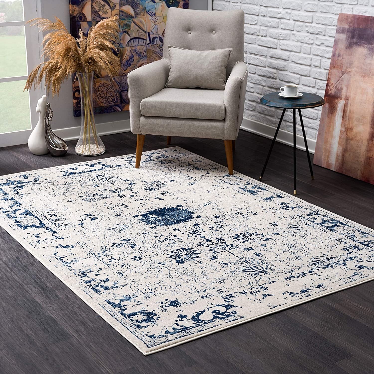 2' X 3' Navy Blue Distressed Floral Scatter Rug