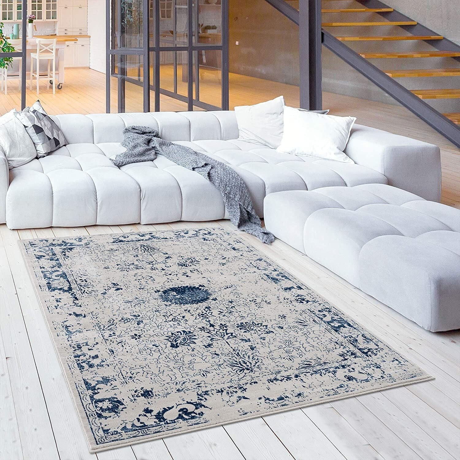 2' X 3' Navy Blue Distressed Floral Scatter Rug