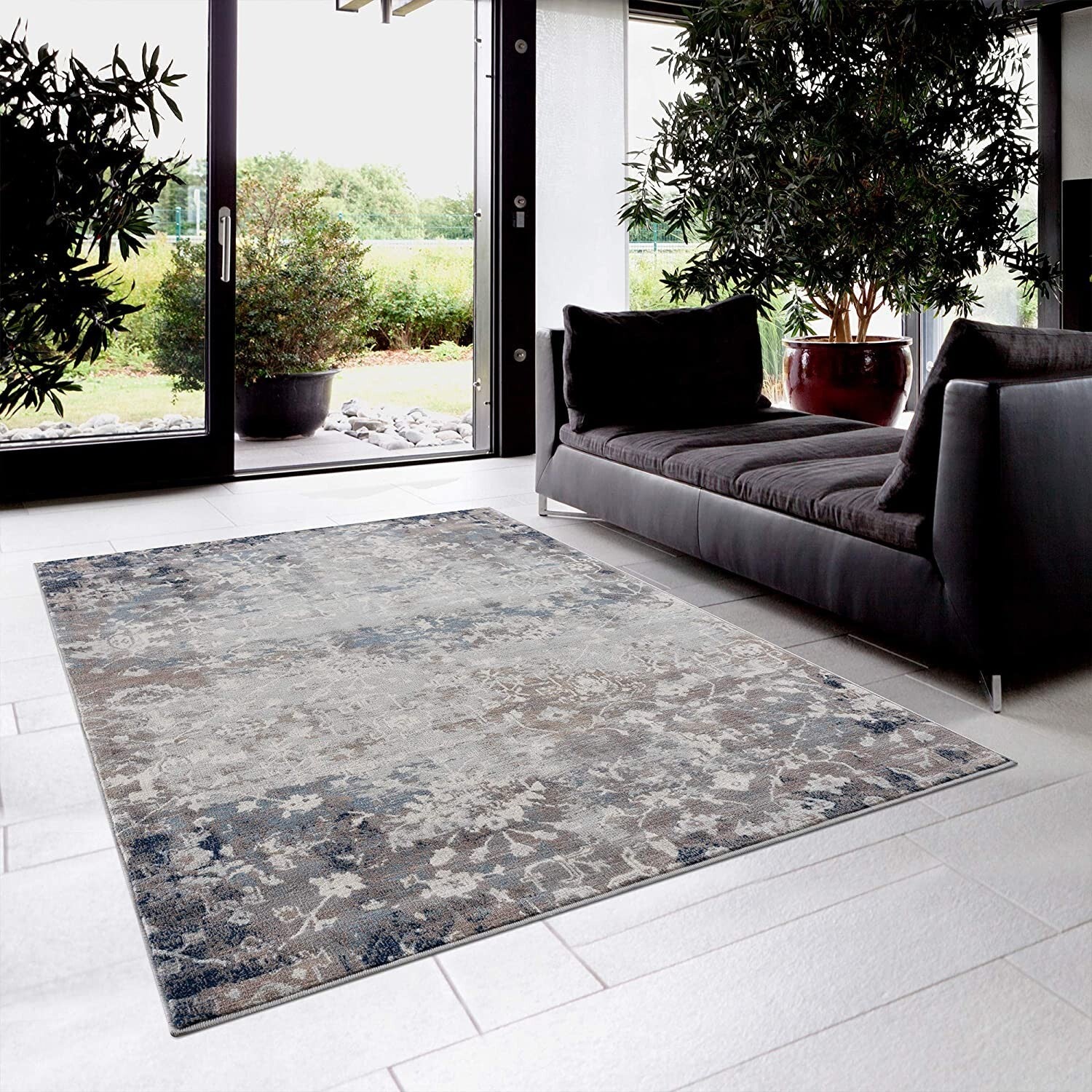 2' X 3' Navy And Beige Distressed Vines Scatter Rug