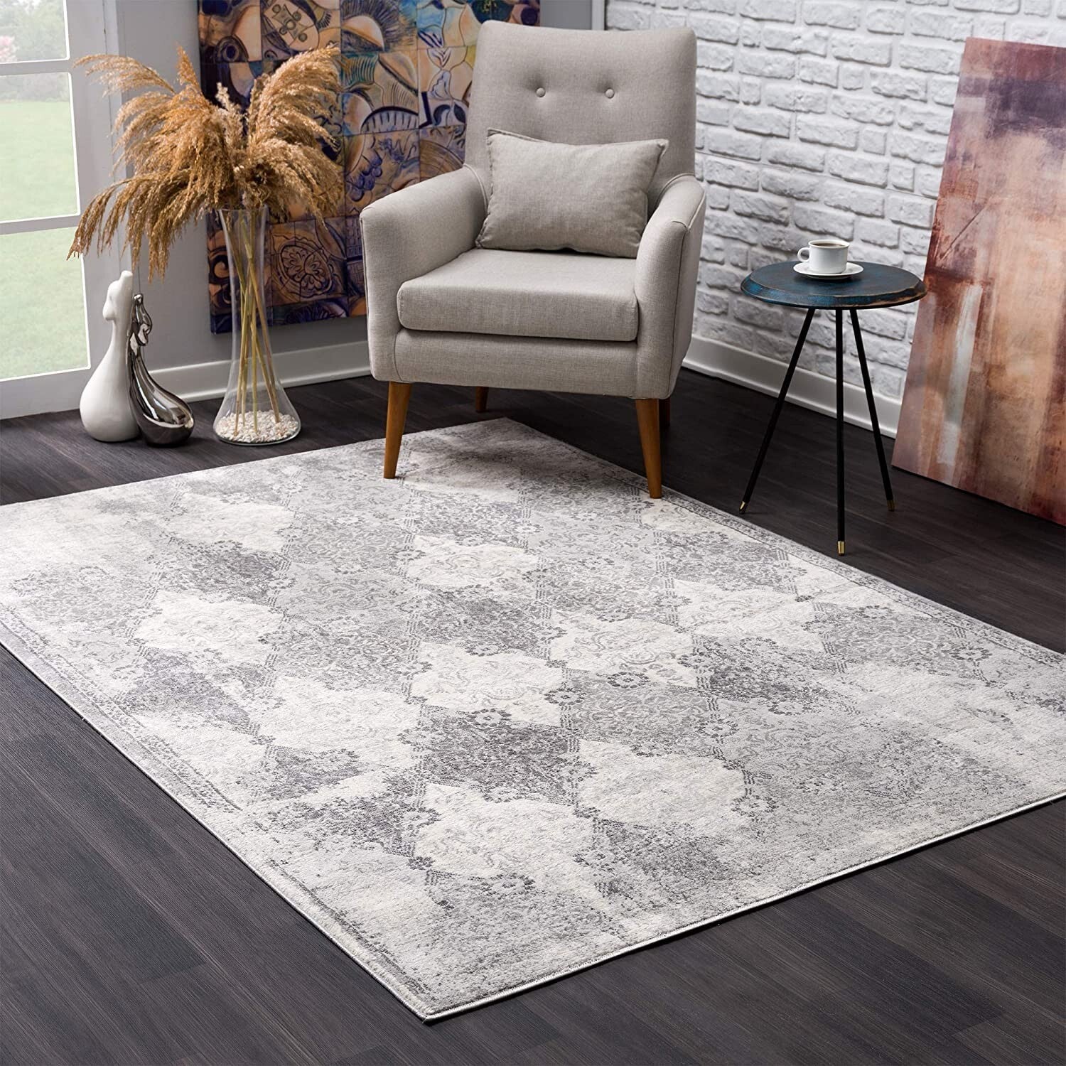 2' X 3' Gray Distressed Trellis Pattern Scatter Rug