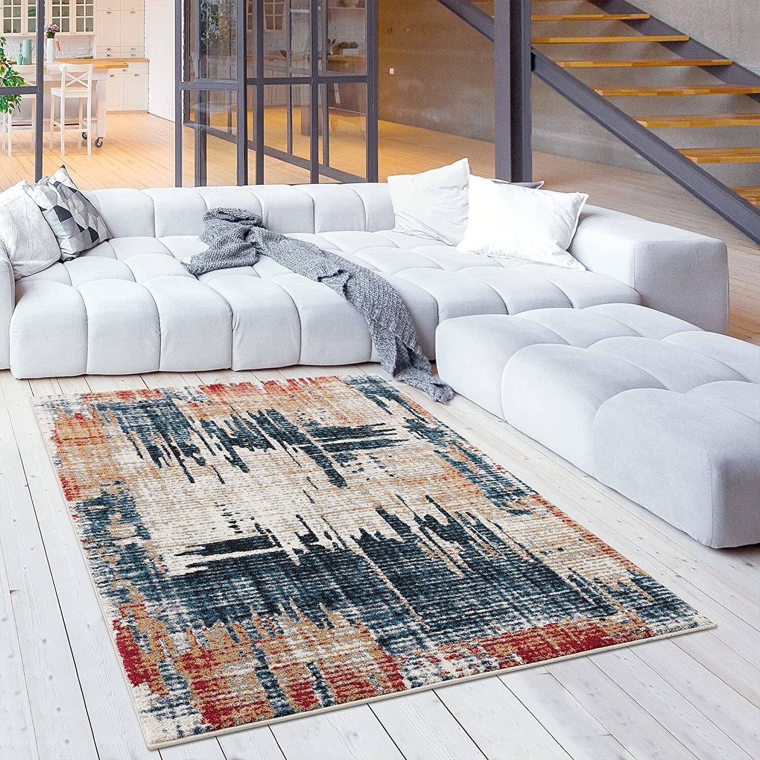 7' X 9' Blue And Red Mod Distressed Area Rug
