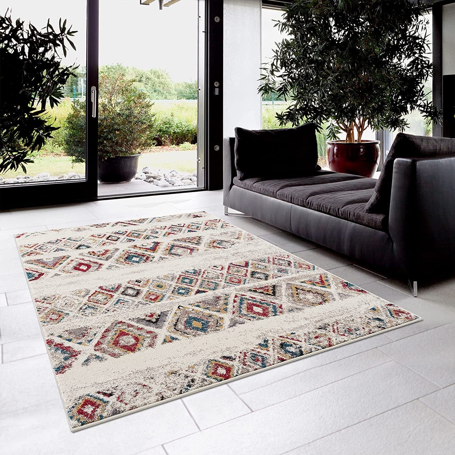 7' X 9' Cream Abstract Geo Diamonds Area Rug