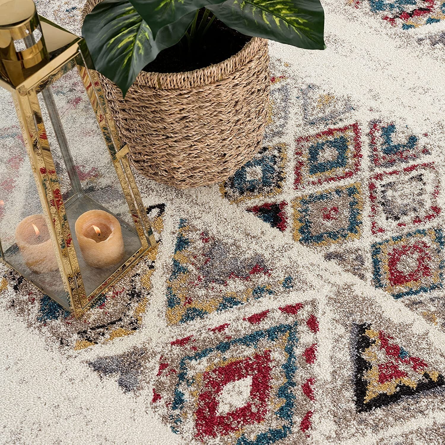 7' X 9' Cream Abstract Geo Diamonds Area Rug
