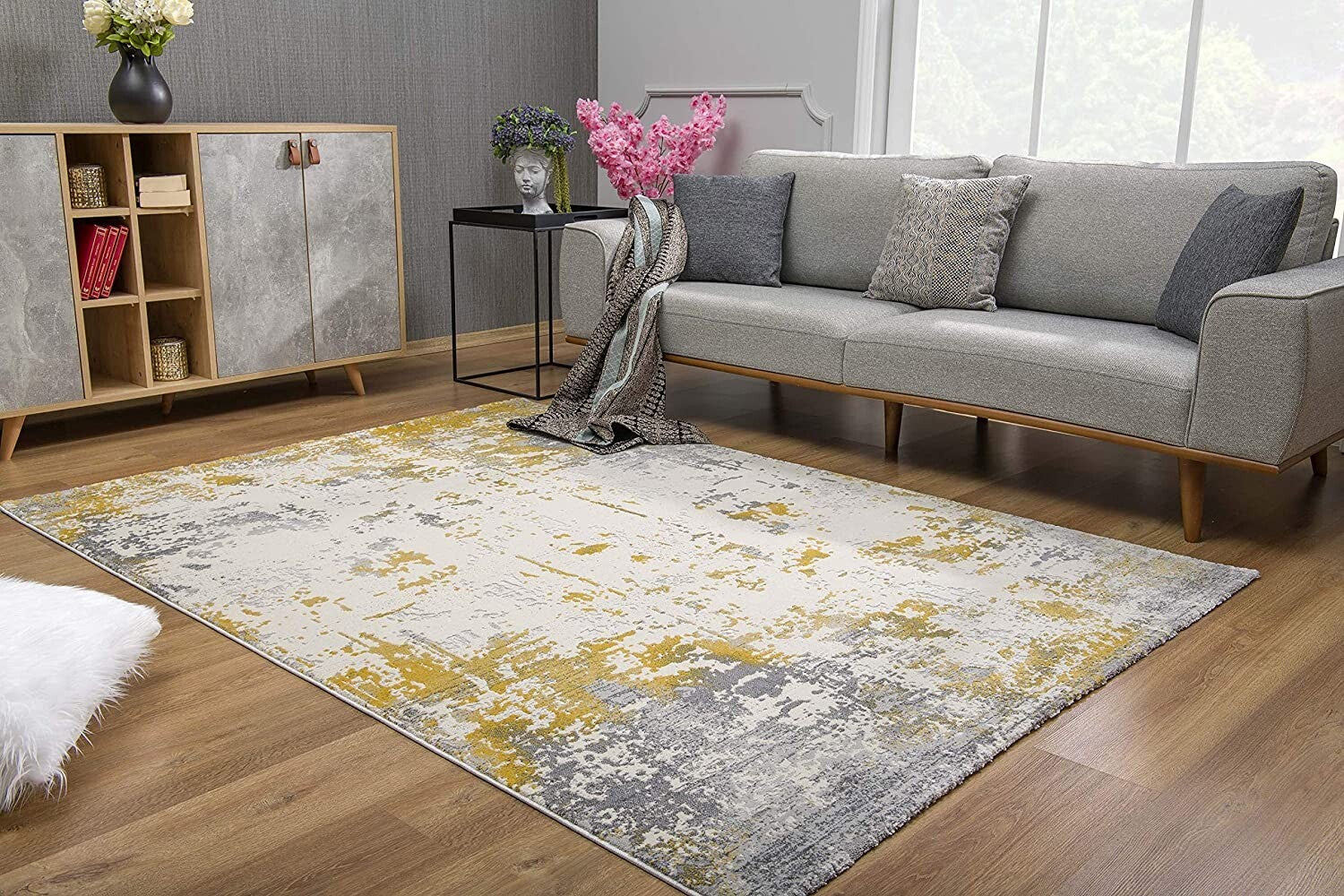 3' X 5' Gold And Gray Abstract Area Rug