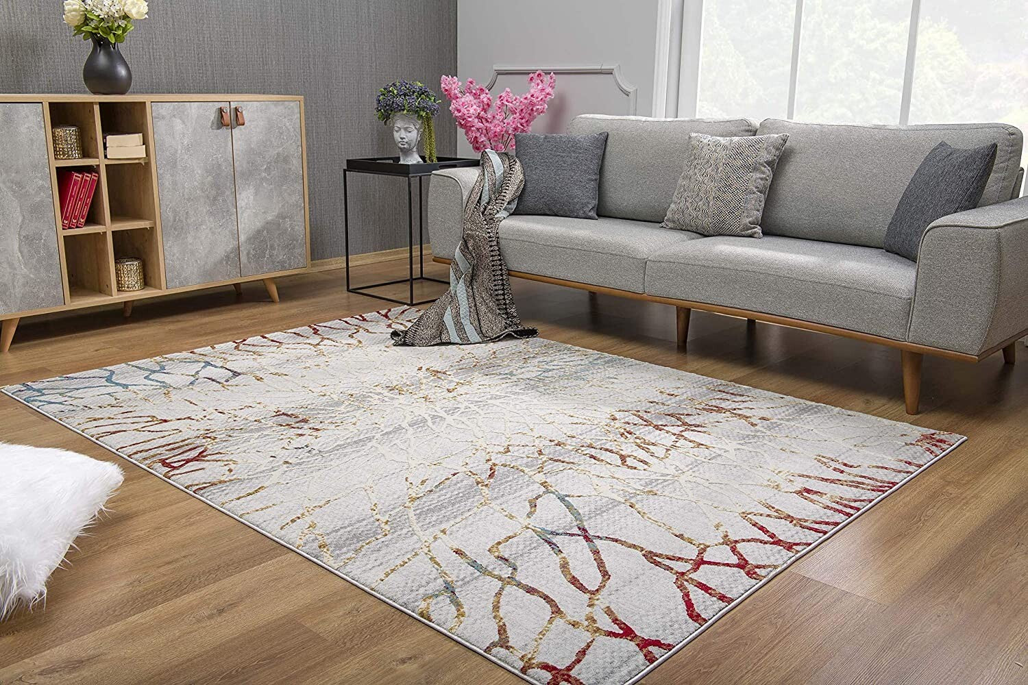 7' X 10' Gold And Ivory Abstract Branches Area Rug