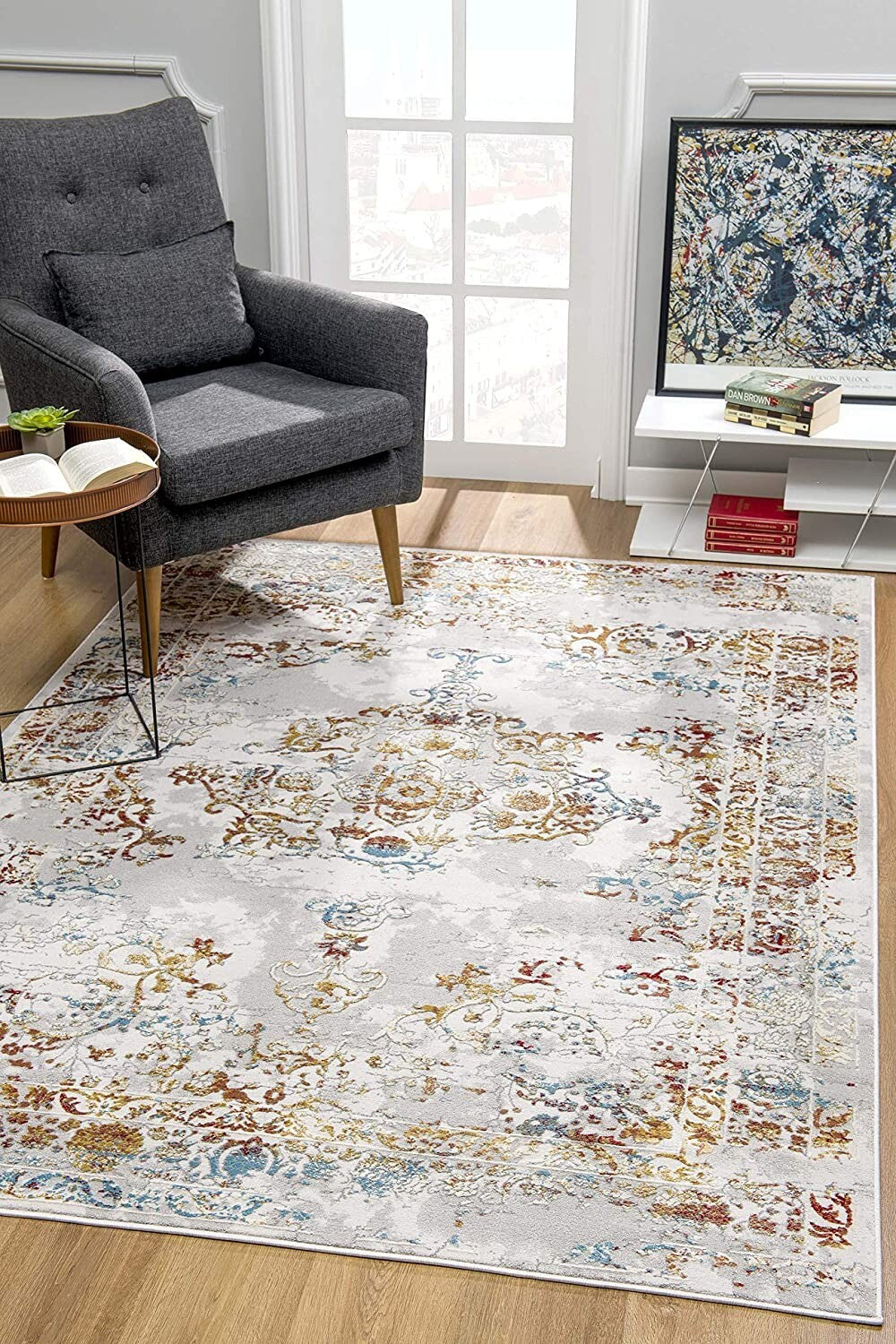 4' X 6' Gray And Beige Distressed Ornate Area Rug